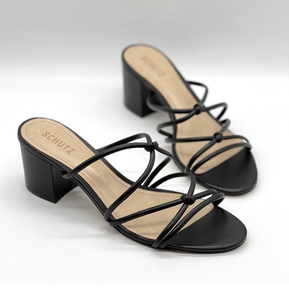 SCHUTZ Princey Strappy Sandal Womens 9.5 Black Knotted Block Heel Slide Slip On - Picture 1 of 11
